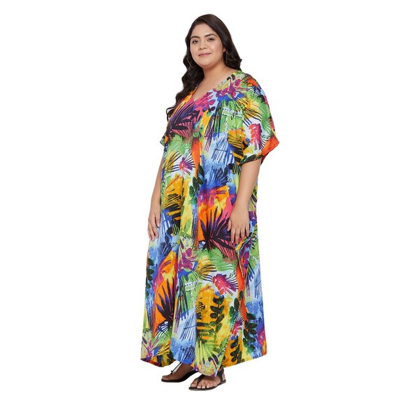 Womens Multicolor Beautiful Floral Kaftan Beach Cover Up Traditional Maxi Dress - Picture 6 of 9